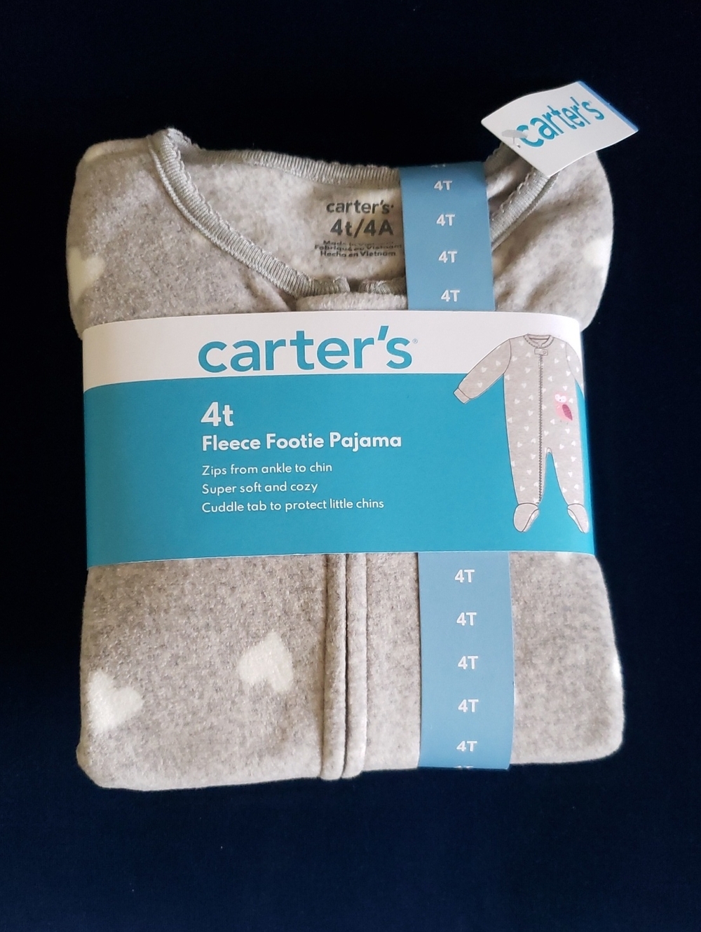 NWT-Carter's Gray Fleece Heart Footie Pajama 4T